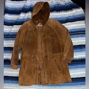Vintage brown suede leather hooded long jacket women’s large